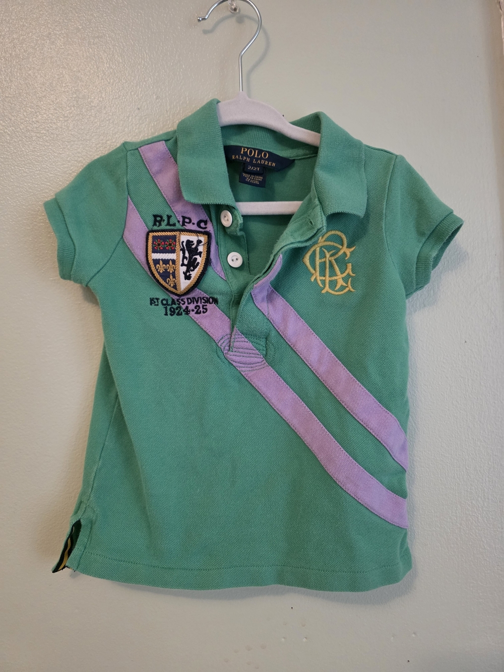Vintage Polo by Ralph Lauren Green Polo with Lavender Diagonal Stripes and Crest